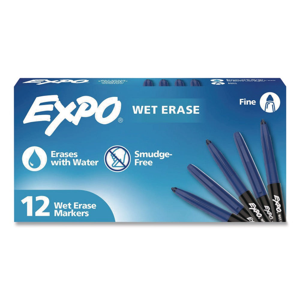 EXPO Wet Erase Markers Fine Needle Tip Blue 12/Pack
