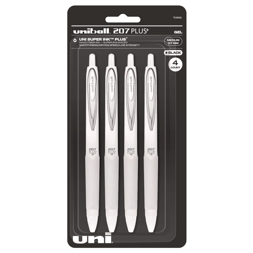 uni-ball 207 Plusplus 0.7 mm Retractable Gel Pen - Black Ink/White Barrel/Medium (4/Pack)