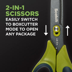 Scotch 8 in. Long 2.7 in. Cut Length Non-Stick Unboxing Scissors - Straight Green/Black Handle