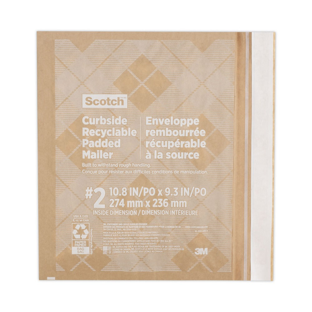 Scotch #2 Bubble Cushion Self-Adhesive Closure 11.25 in. x 12 in. Curbside Recyclable Padded Mailer - Natural Kraft (100/Carton)