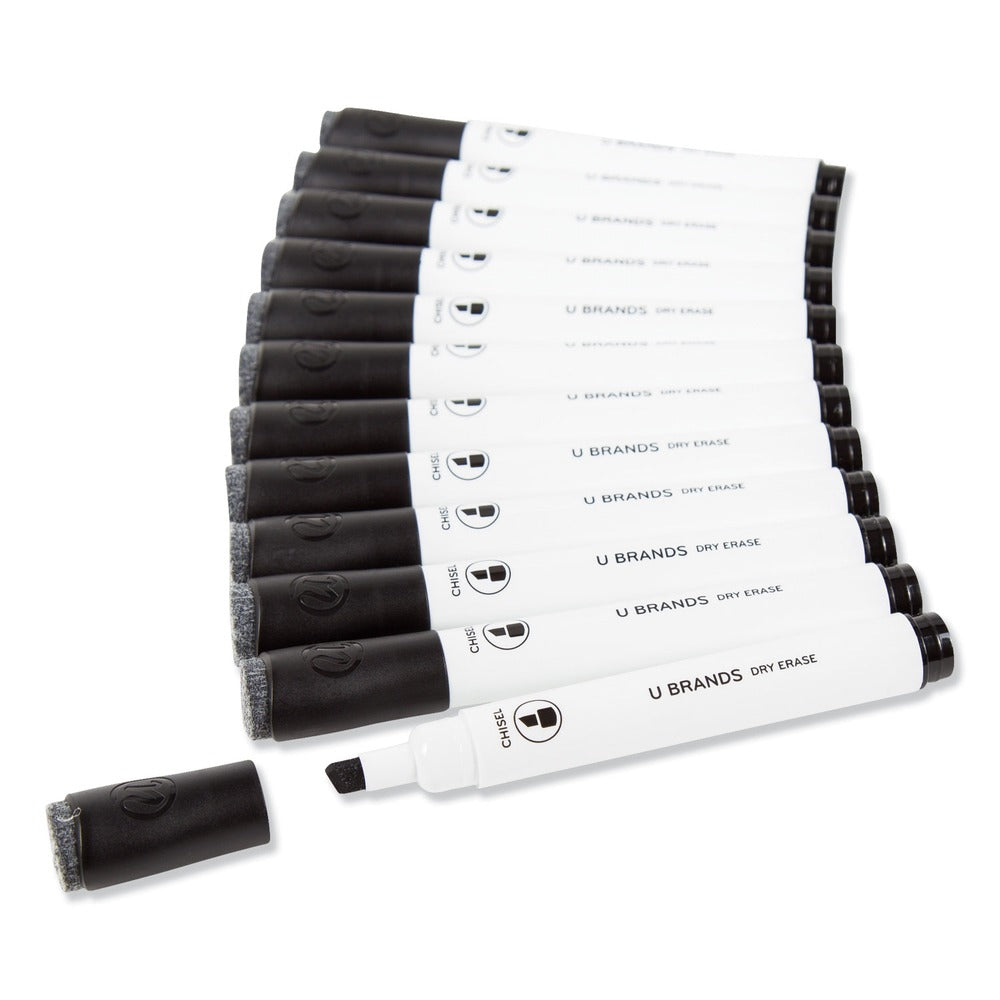 U Brands Low-Odor Dry-Erase Markers with Erasers - Black/Broad Chisel Tip (1-Dozen)