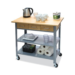 Vertiflex 3 Shelves 3 Drawers 35.5 in. x 19.75 in. x 34.25 in. Wood Countertop Serving Cart - Oak/Gray