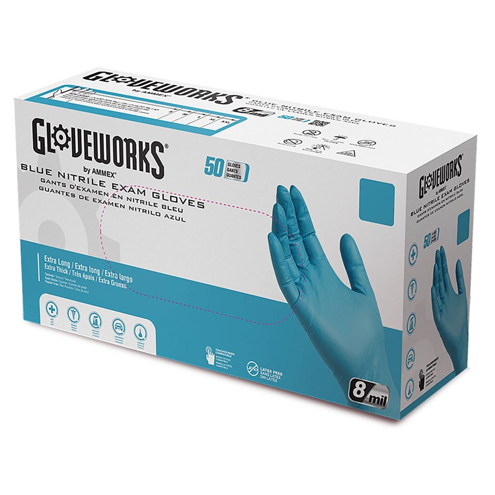 Ammex 8 mil Blue Powder-Free Nitrile Exam Gloves - Large, Blue (500/Carton)