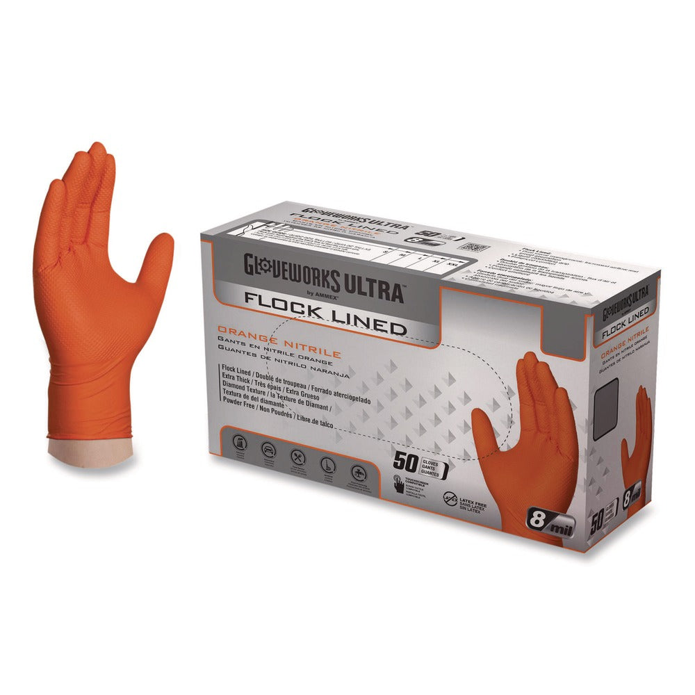 Ammex GWUOFN46050 9.06 in. 6 mil Ultra Industrial Flock-Lined Nitrile Disposable Gloves - Large/Orange (500/Carton)