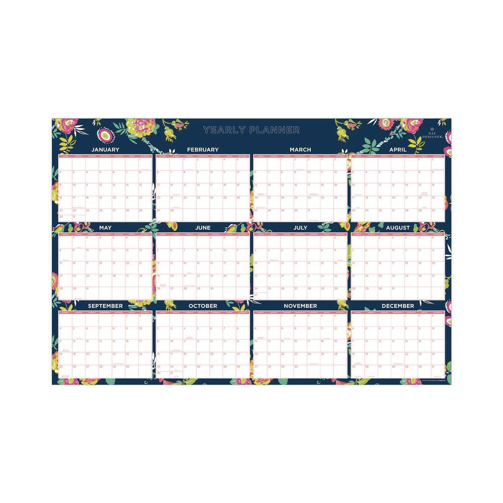 Blue Sky 36 in. x 24 in. 12-Month (Jan-Dec 2026) Day Designer Peyton Laminated Erasable Wall Calendar - White/Navy Sheets