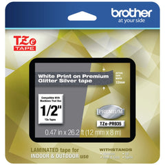Brother 0.47 in. x 26.2 ft. TZe Premium Laminated Tape - White on Silver