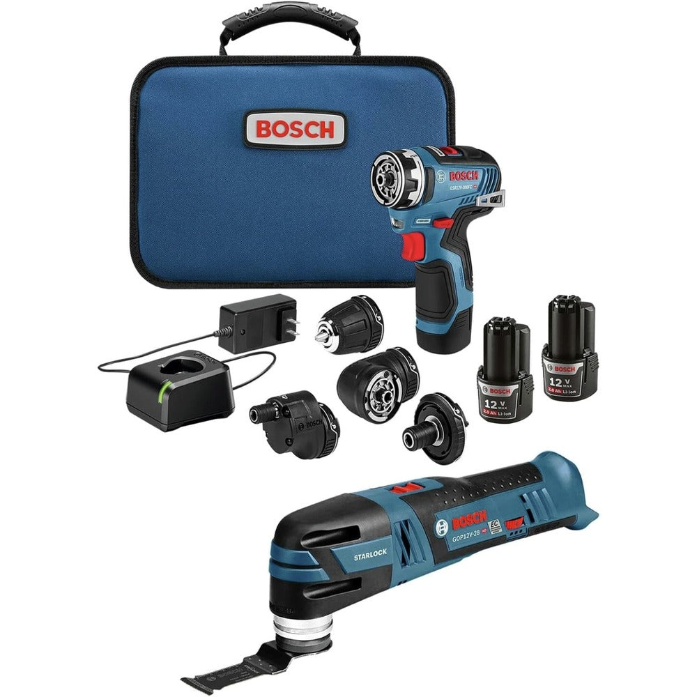 Factory Reconditioned Bosch 12V MAX Brushless Lithium-Ion Cordless Starlock Oscillating Multi-Tool and Chameleon Drill Driver with 5-in-1 Flexiclick System Combo Kit