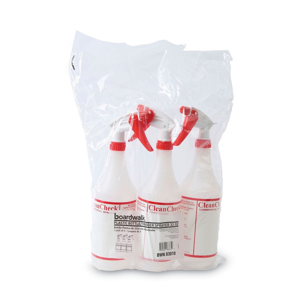 Boardwalk HDPE 32 oz. Trigger Spray Bottles - Clear/Red (3/Pack)