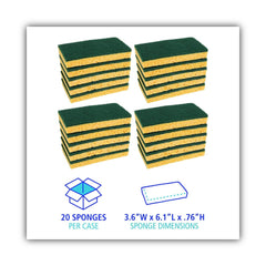 Boardwalk 74BWK MD 20/Carton 3.6 in. x 6.1 in., 0.75 in. Thick, Individually Wrapped, Medium Duty Scrubbing Sponge - Yellow/Green