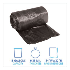 Boardwalk H4832RKKR01 16 Gallon 0.35 mil 24 in. x 32 in. Perforated Roll Low-Density Waste Can Liners - Black (50 Bags/Roll, 10 Rolls/Carton)