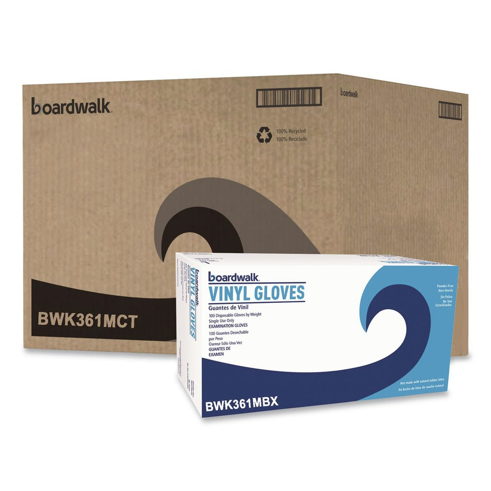 Boardwalk 3.6 mil Thick 9.5 in. Long Powder-Free Exam Vinyl Gloves - Medium, Clear (100/Box, 10 Boxes/Carton)