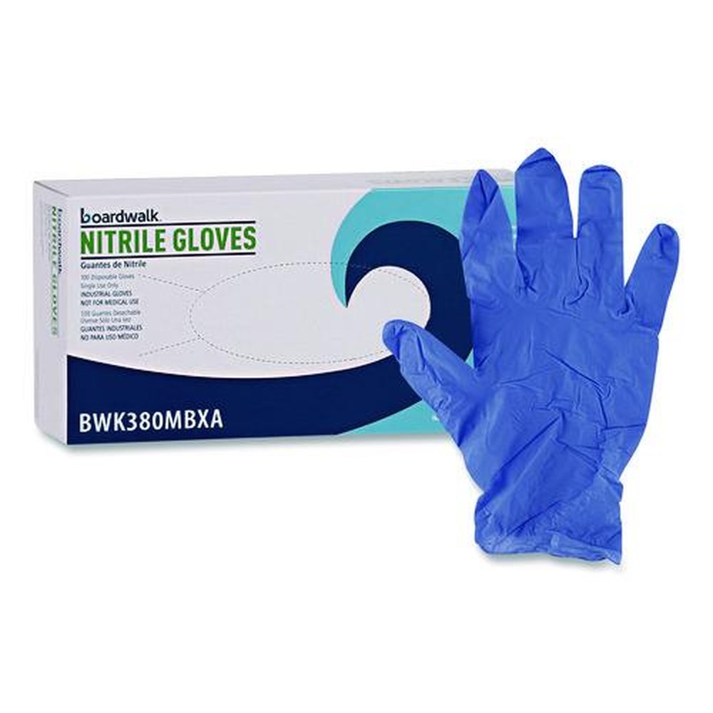 Boardwalk 380 Series 4 mil Thick 9.5 in. Long Powder-Free Disposable General-Purpose Nitrile Gloves - Medium, Blue (100/Box, 10 Boxes/Carton)