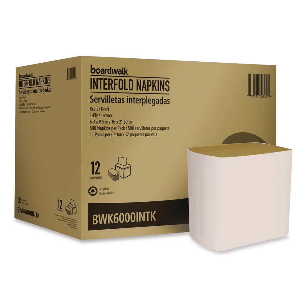 Boardwalk 6.3 in. x 8.5 in. 1-Ply Interfold Napkins - Kraft (12/Carton)