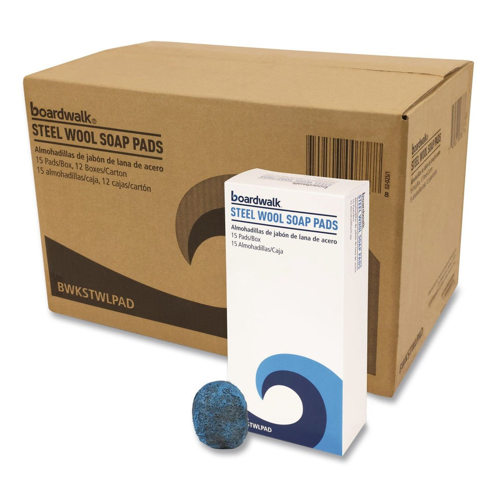 Boardwalk 3 in. x 2.5 in. Steel Wool Soap Pads - Blue (12/Carton)
