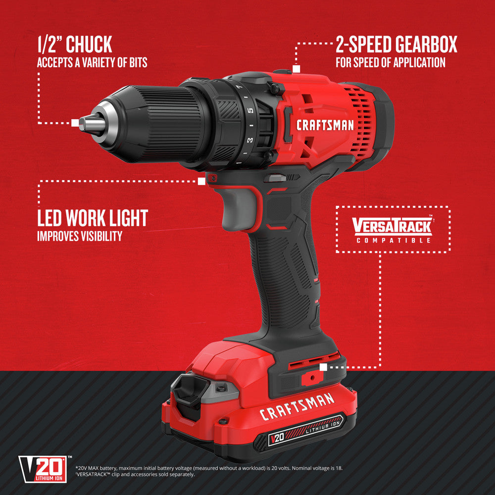 Factory Reconditioned Craftsman 20V Variable Speed Lithium-Ion 1/2 in. Cordless Drill Driver Kit (1.3 Ah)