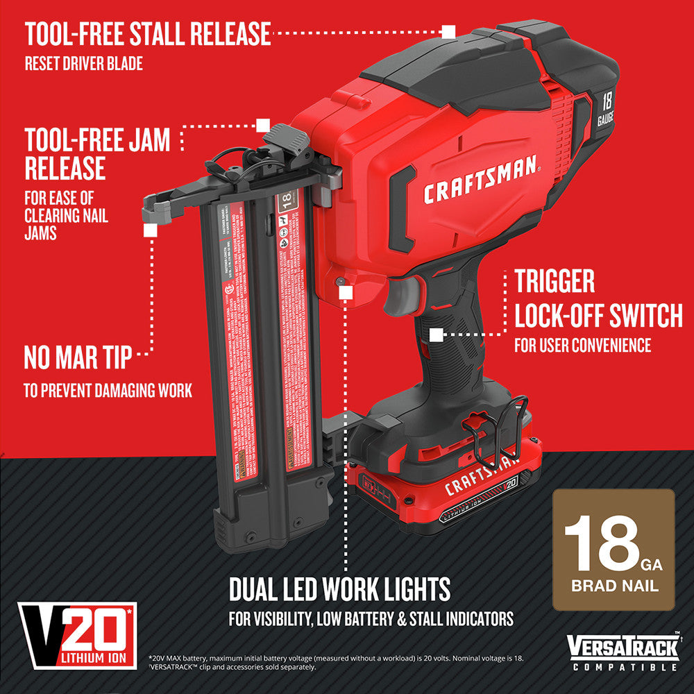 Factory Reconditioned Craftsman 20V Lithium-Ion 18 Gauge Cordless Brad Nailer Kit (1.5 Ah)