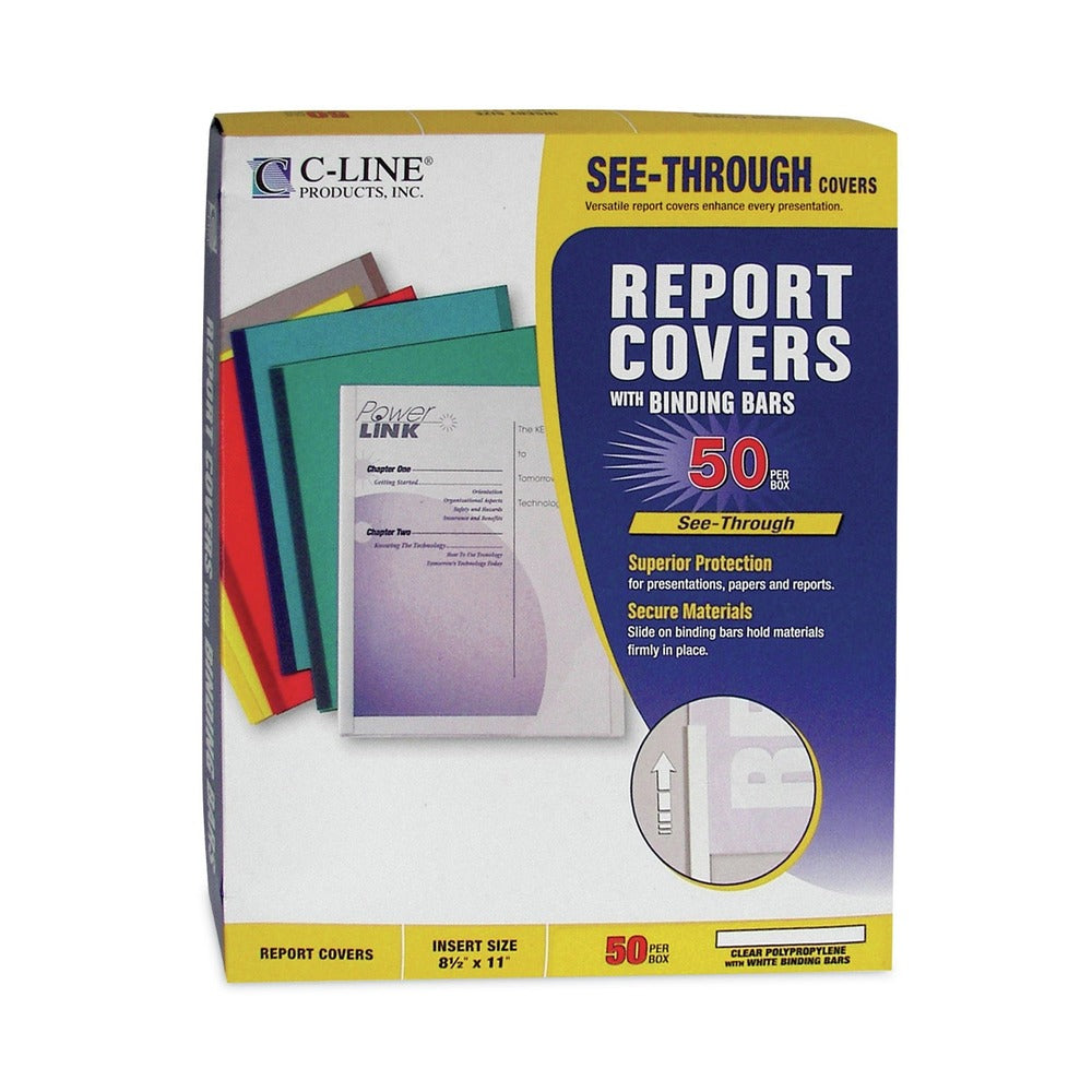 C-Line 0.13 in. Capacity 8.5 in. x 11 in. Vinyl Report Covers with Binding Bars - Clear (50/Box)