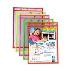 C-Line Super Heavy-Duty Top Load 9 in. x 12 in. Insert Reusable Dry Erase Pockets - Clear Front, Assorted Neon Border (10/Pack)