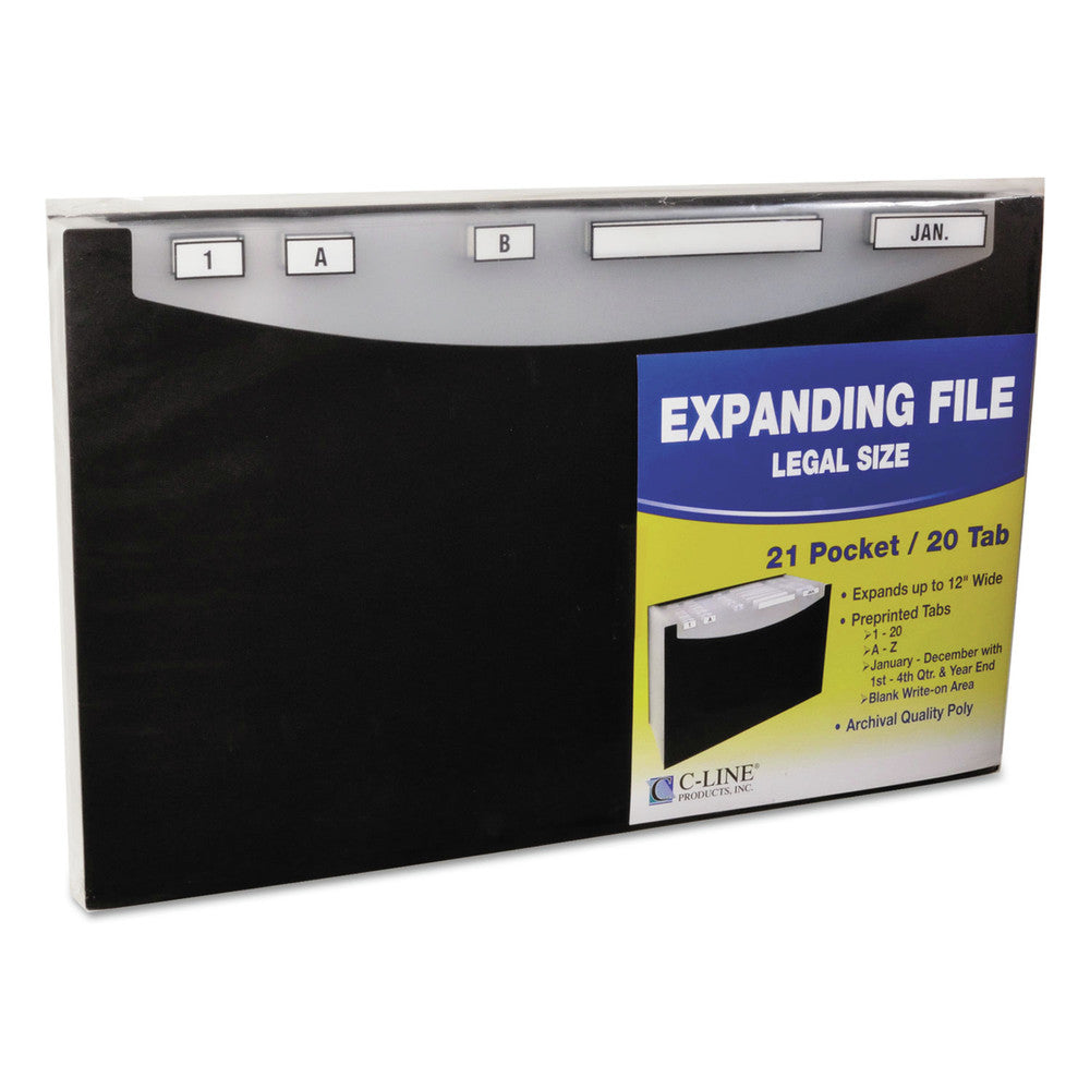 C-Line 12 in. Expansion 1/5-Cut Tabs 21-Pocket Letter Size Stand-Up Design Expanding File - Black