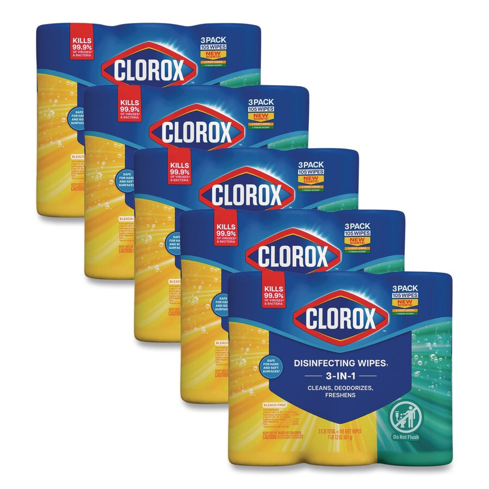 Clorox 7 in. x 8 in. 1-Ply Disinfecting Wipes - Fresh Scent/Citrus Blend (35/Canister, 3/Pack, 5 Packs/Carton)