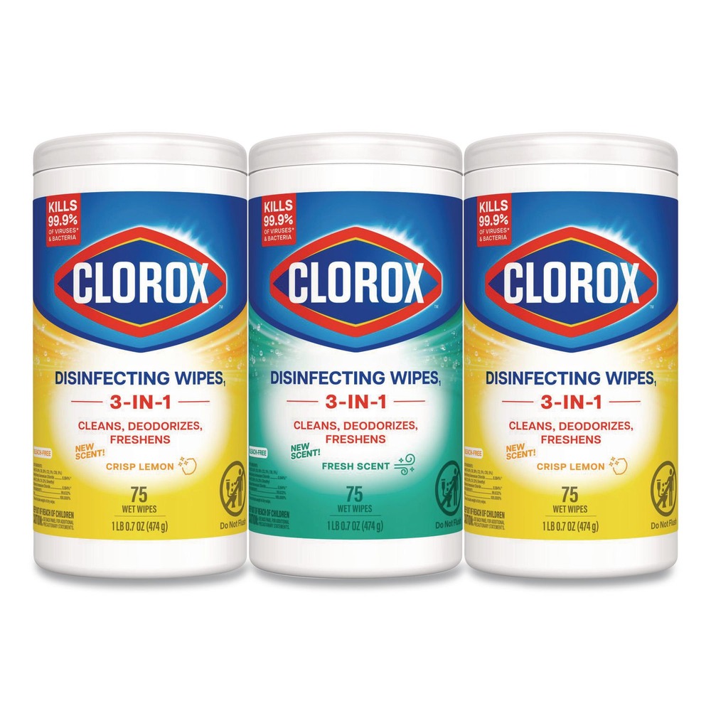 Clorox 7 in. x 8 in. 1-Ply Disinfecting Wipes - Fresh Scent/Citrus Blend, White (75/Canister, 3 Canisters/Pack)