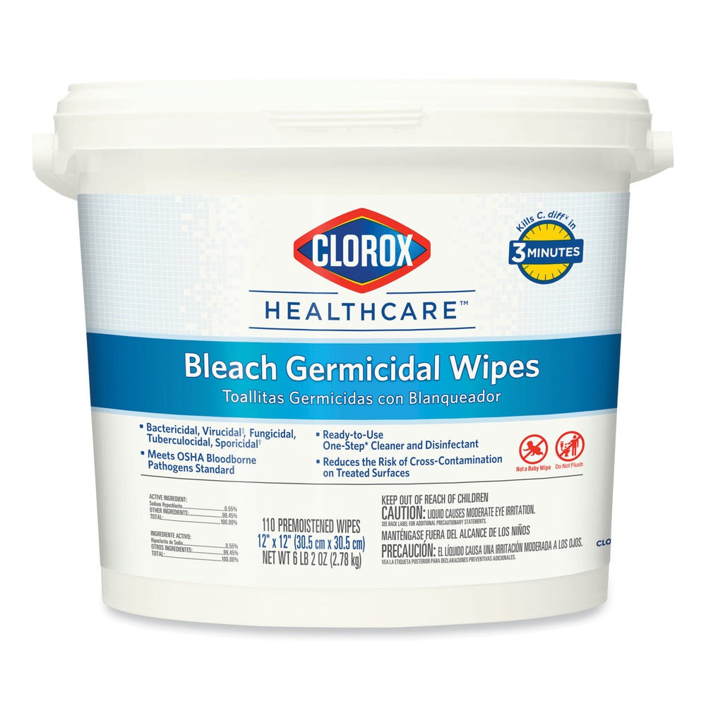 Clorox Healthcare 30358 12 in. x 12 in. 1-Ply Bleach Germicidal Wipes - Unscented, White (110/Bucket)