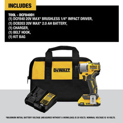 Factory Reconditioned Dewalt 20V MAX Brushless Lithium-Ion 1/4 in. Cordless Impact Driver Kit (2 Ah)