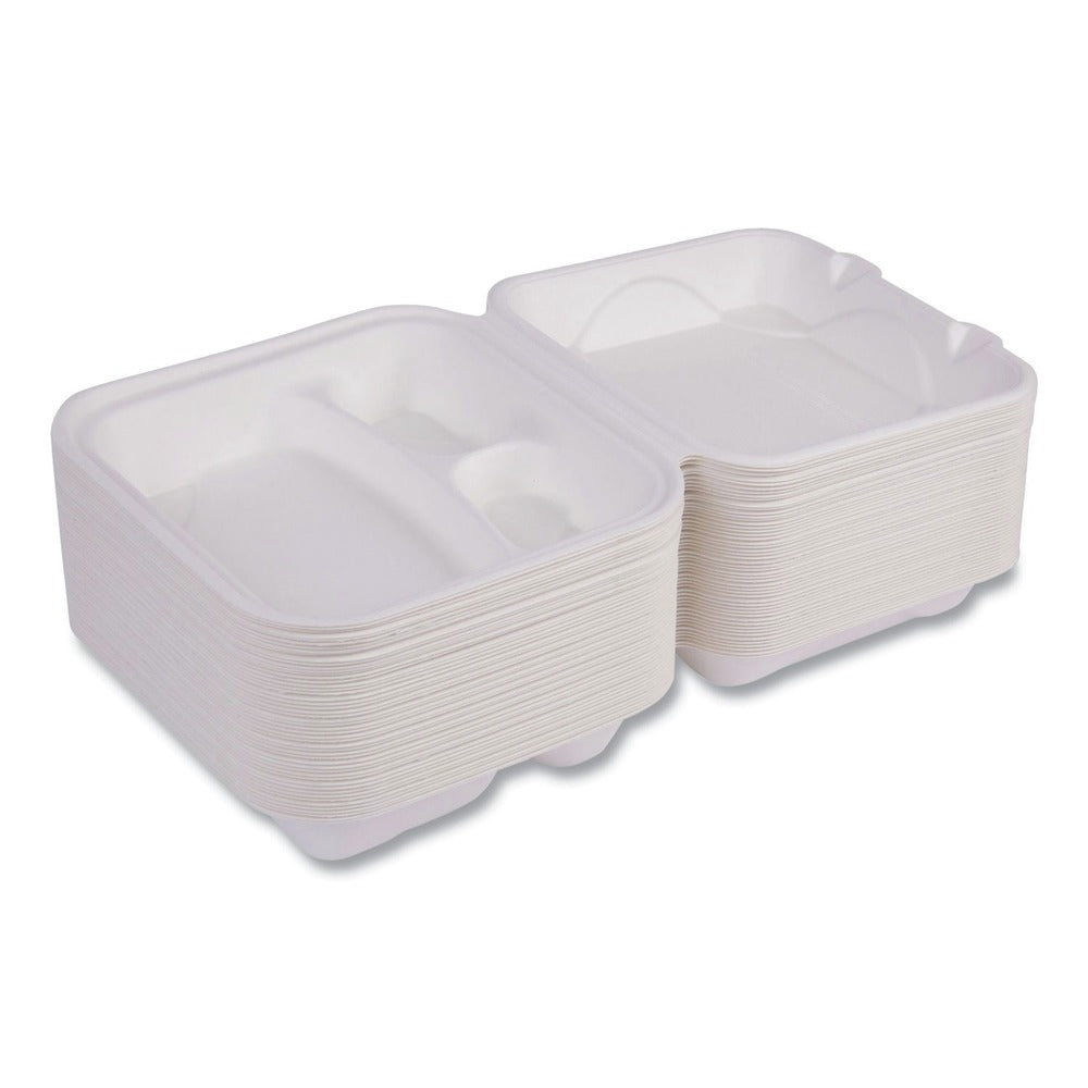 Eco-Products Vanguard 8 in. x 8 in. x 3 in. 3-Compartments Renewable and Compostable Sugarcane Clamshells - White (200/Carton)