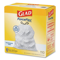 Glad ForceFlex Kitchen Drawstring Trash Bags, Drawstring, 13 gal, Unscented, 23.47 x 25.38, White, 110 Bags/Box, 3 Boxes/Carton