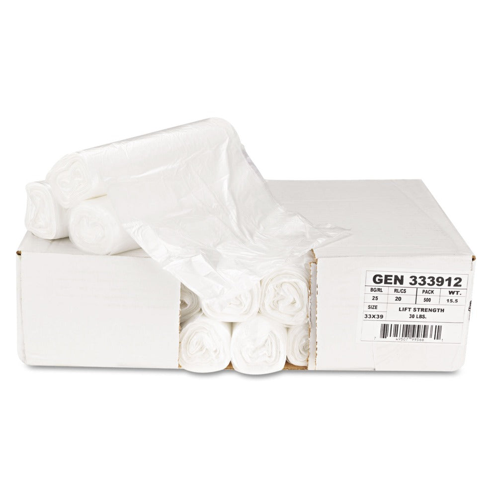 Boardwalk Z6639LN GR1 33 Gallon 9 mic 33 in. x 39 in. Perforated Roll High-Density Can Liners - Natural (25 Bags/Roll, 20 Rolls/Carton)