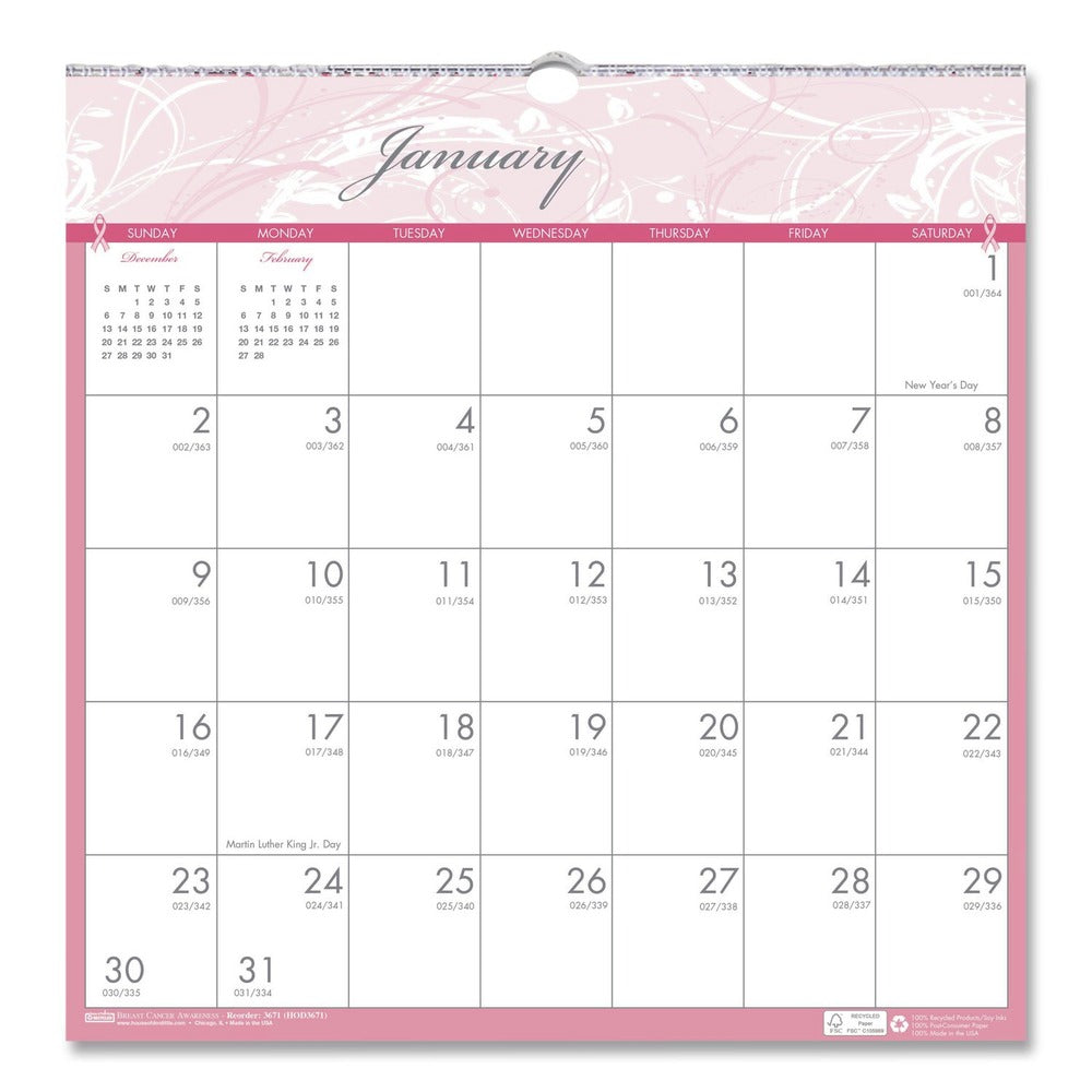 House of Doolittle 12-Month (Jan-Dec): 2026 12 in. x 12 in. Breast Cancer Awareness Artwork Recycled Monthly Wall Calendar - White/Pink/Gray Sheets