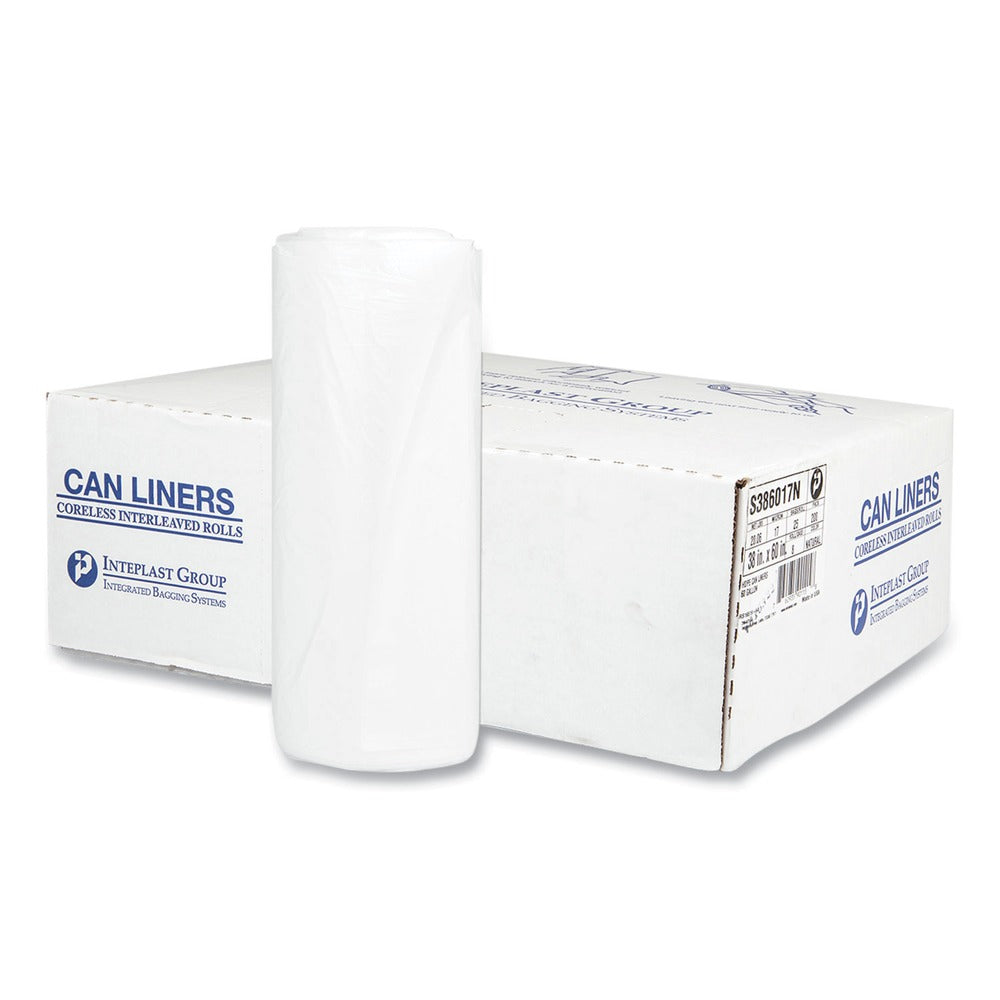 Inteplast Group 60 gal. 17 microns 38 in. x 60 in. High-Density Interleaved Commercial Can Liners - Clear (25 Bags/Roll, 8 Rolls/Carton)