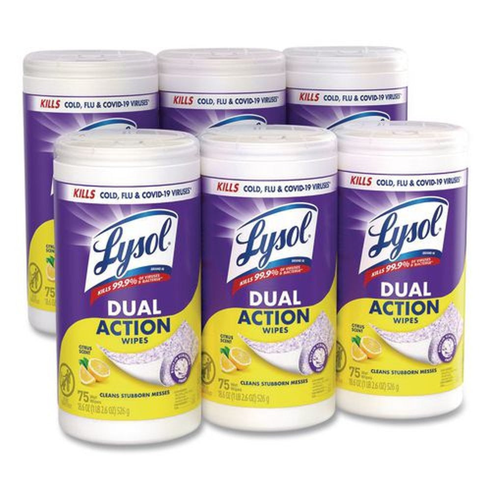 LYSOL Brand 7 in. x 7.5 in. 1-Ply Dual Action Disinfecting Wipes - Citrus, White/Purple (6 Canisters/Carton)