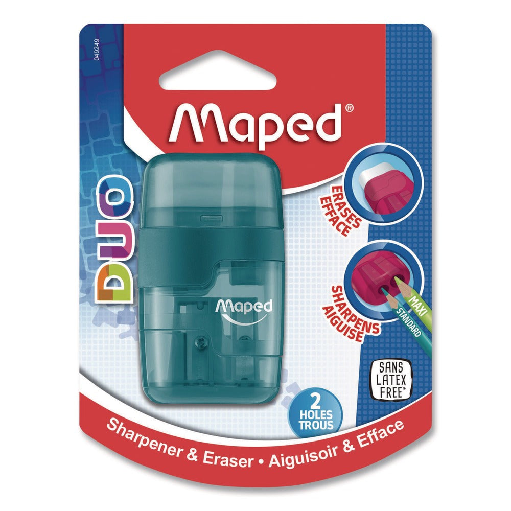 Maped Helix DUO 2-Hole Canister Pencil Sharpener/Eraser Combo, 3.74 x 1.08 x 4.92, Randomly Assorted Colors