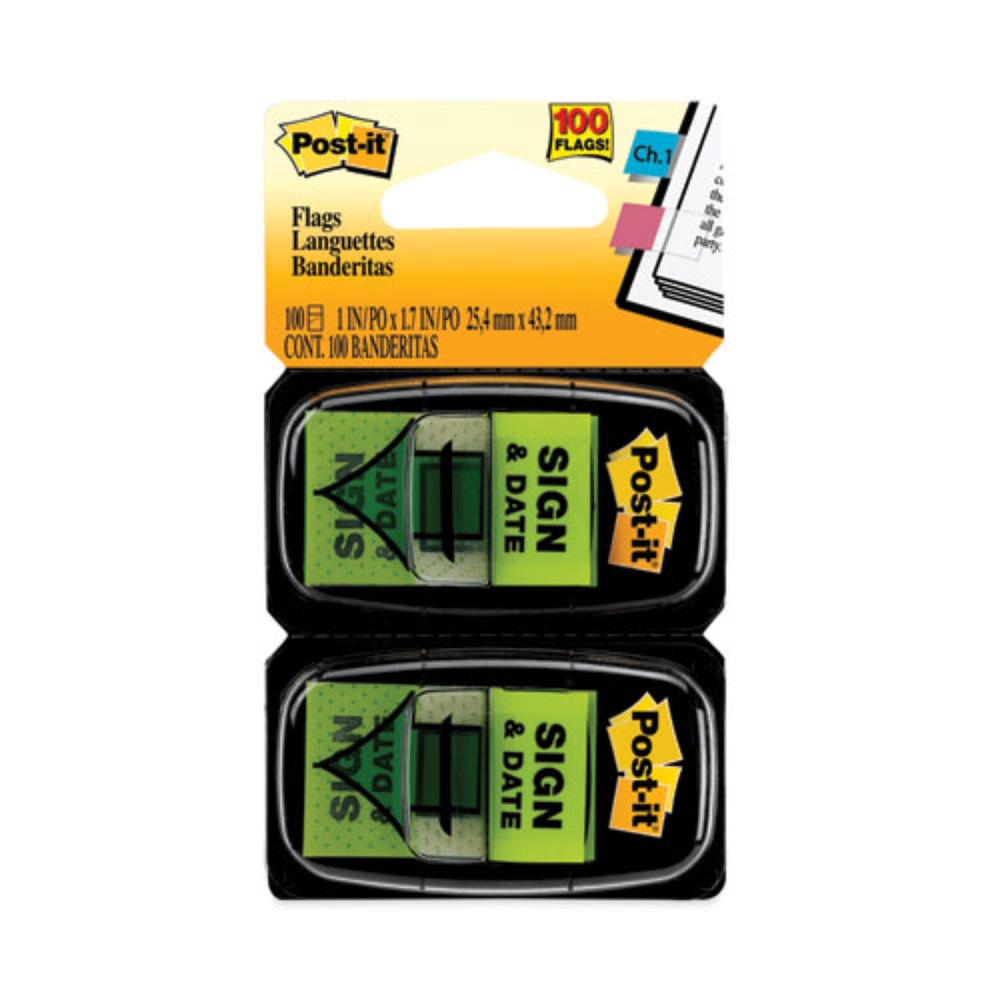 Post-it Flags 1 in. "Sign and Date" Arrow Message Page Flags - Green (50-Flags/Dispenser, 2-Dispensers/Pack)