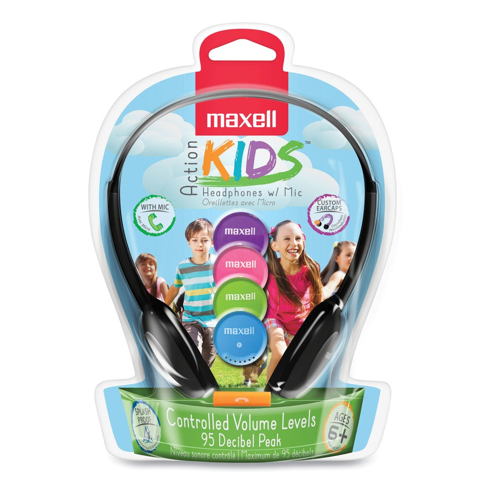 Maxell Kids Safe 4 ft. Cord Headphones with Inline Microphone - Black with Interchangeable Pink/Blue/Silver Caps