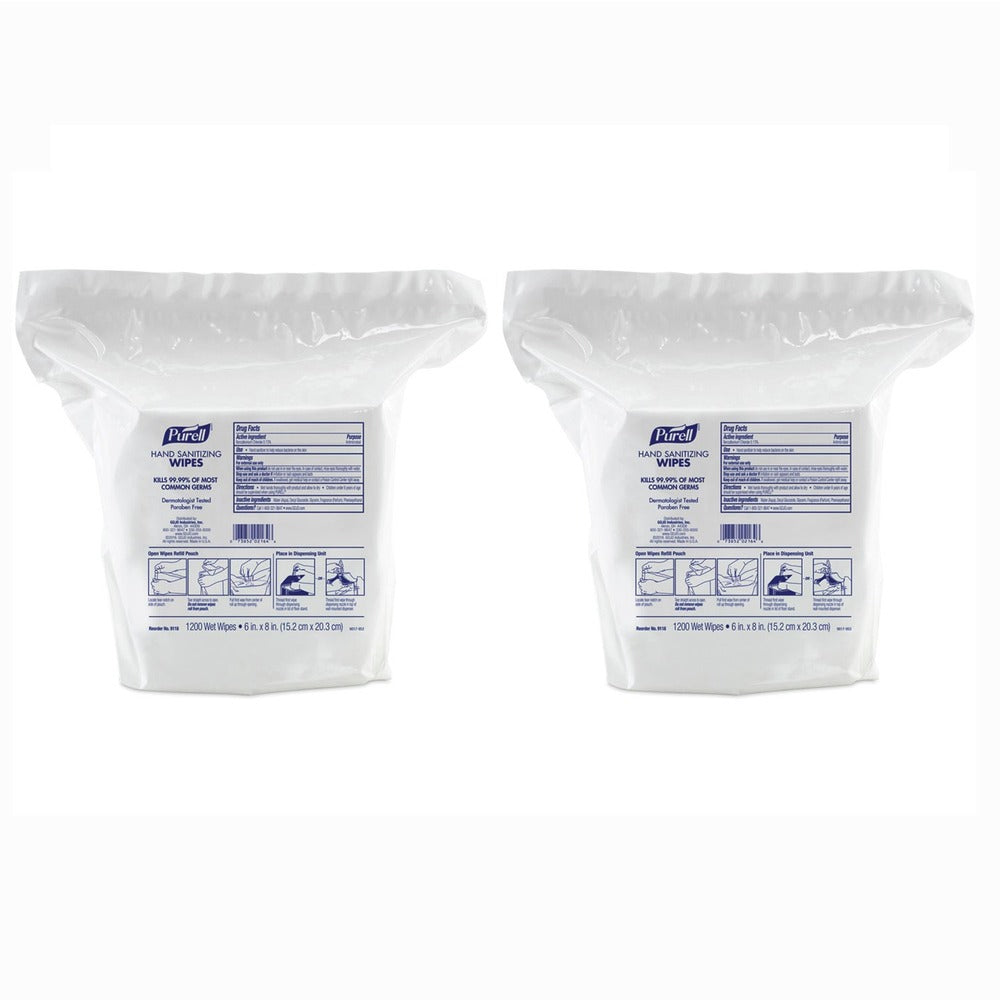 PURELL 9118-02 1200-Piece/Refill Pouch 2 Refills/Carton 6 in x 8 in Hand Sanitizing Wipes - White, Fresh Citrus