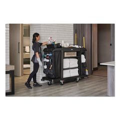 Rubbermaid Commercial 24.4 in. x 62.4 in. x 49 in. Full-Size 3-Shelf Resin Housekeeping Cart with Accessory Bundle - Black