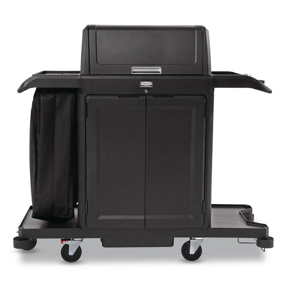 Rubbermaid Commercial 24.4 in. x 62.4 in. x 56.9 in. 4-Shelf Housekeeping Cart with Hood and Doors - Black