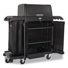 Rubbermaid Commercial 24.4 in. x 62.4 in. x 56.9 in. 4-Shelf Housekeeping Cart with Hood and Doors - Black
