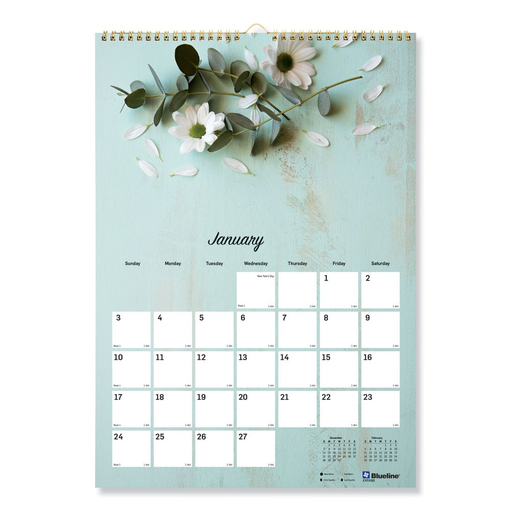 Blueline 12-Month (Jan to Dec): 2026 12 in. x 17 in. Floral Photography Romantic Wall Calendar - White/Multicolor Sheets