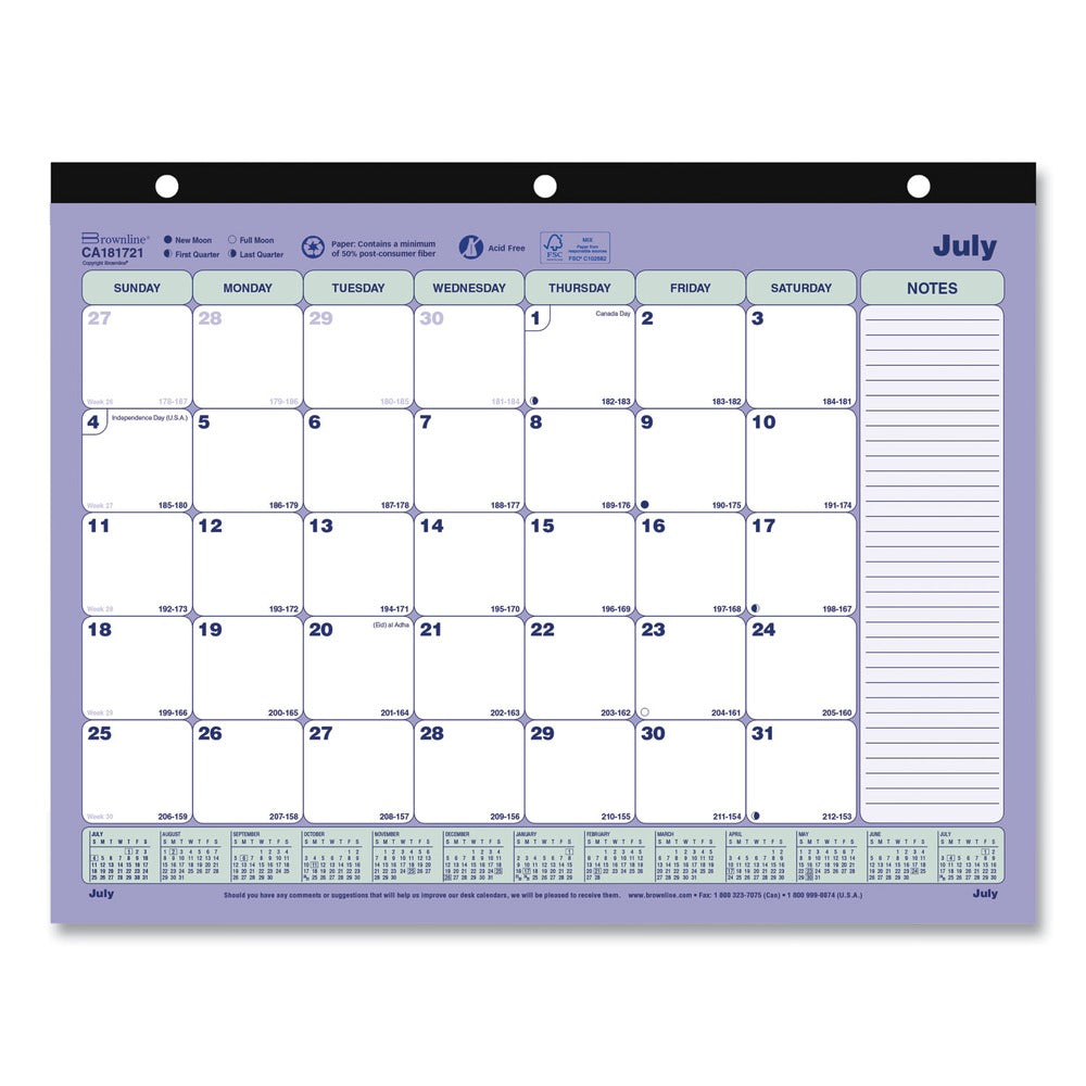 Brownline 11 in. x 8.5 in. 13-Month (Jul 2025-2026) Academic Binder-Insertable Desk Pad Calendar - White/Blue/Green Sheets