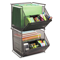 Safco 14 x 15.5 x 11.75 Onyx Stackable Steel Mesh 4-Compartment Storage Bin - Black
