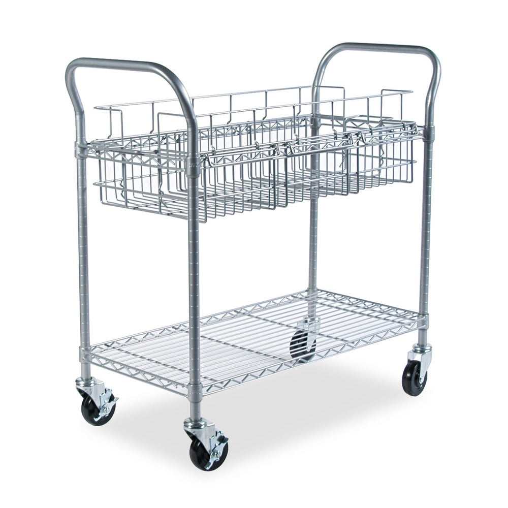 Safco 39 in. x 18.75 in. x 38.5 in. 1 Shelf 1 Bin Dual-Purpose Metal Wire Mail and Filing Cart - Metallic Gray