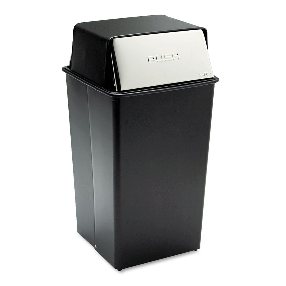 Safco Reflections Push Top Square Receptacle, Steel, 36gal, Black/chrome
