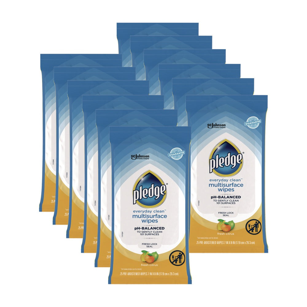 Pledge 7 in. x 10 in. Multi-Surface Cleaner Wipes - Fresh Citrus (25/Pack, 12 Packs/Carton)