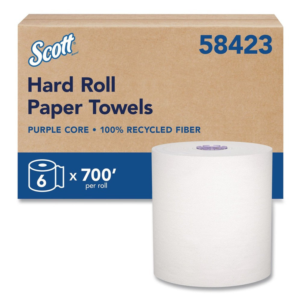 Scott 58423 8 in. x 700 ft. 1-Ply 100 Percent Recycled Hard Roll Paper Towels - White (6/Carton)