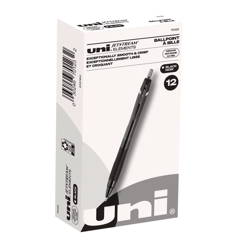 uni-ball Jetstream Elements 1 mm Retractable Hybrid Gel Pen - Black Ink/Black Barrel/Medium (1-Dozen)