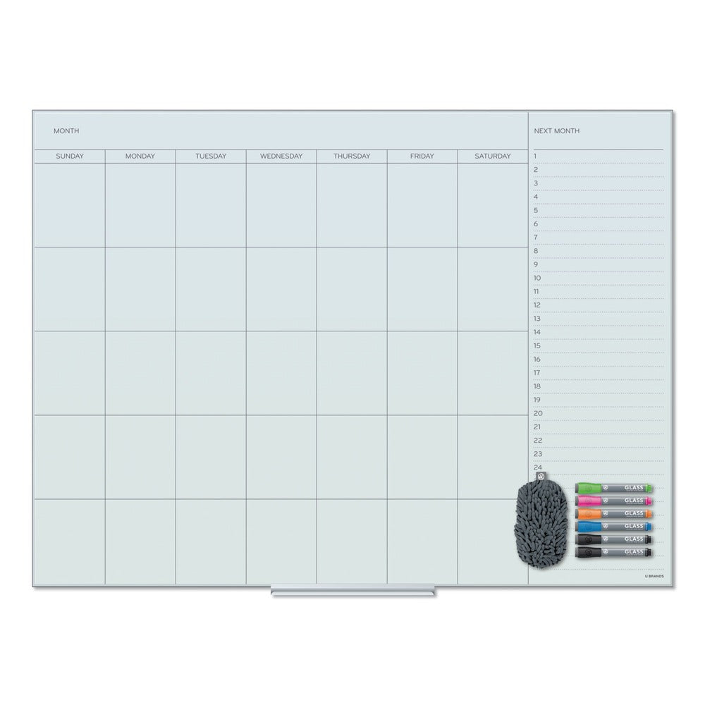 U Brands 47 x 35 Floating Glass Dry Erase Undated One Month Calendar - White