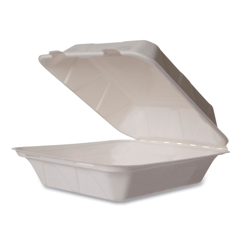 Vegware WHBRG-8 HW 7.9 in. x 7.9 in. x 2.9 in. Molded Fiber Compostable Sugarcane Clamshell Container - White (200/Carton)